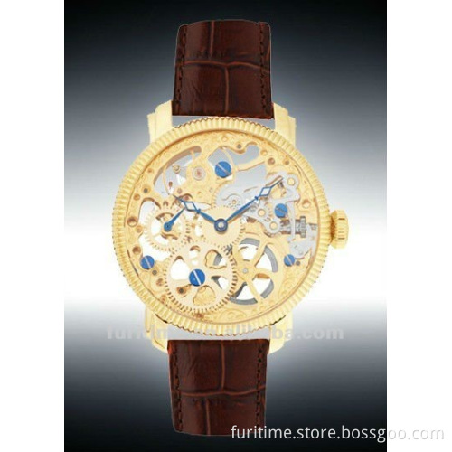 New Men's Brown Leather Luxury Skeleton Hand-Wind Up Mechanical Watch